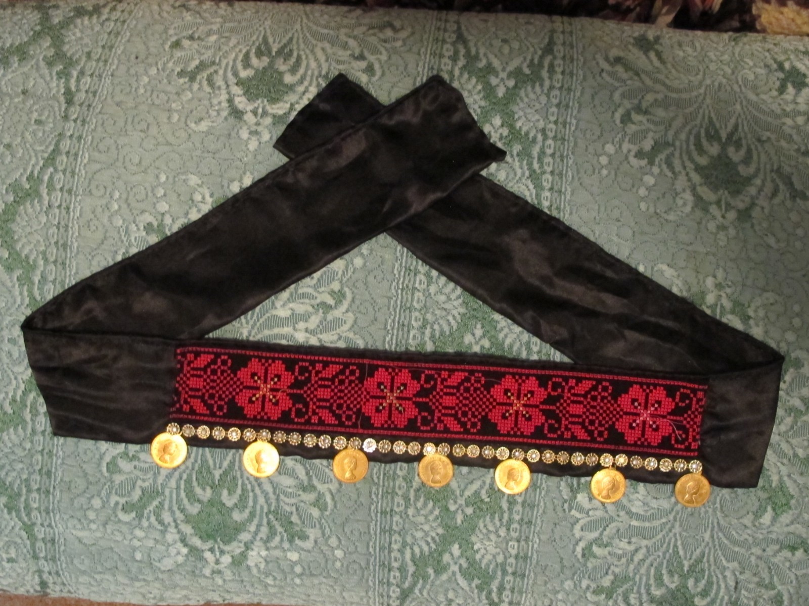 Palestinian Red Black Embroidered Headband on Satin with gold coins