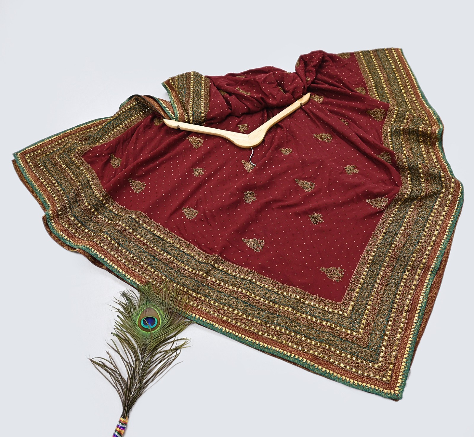 Pre-owned Maroon Pure Silk Hand Embroidered Ritu Kumar Designer Lehenga 3pcs set