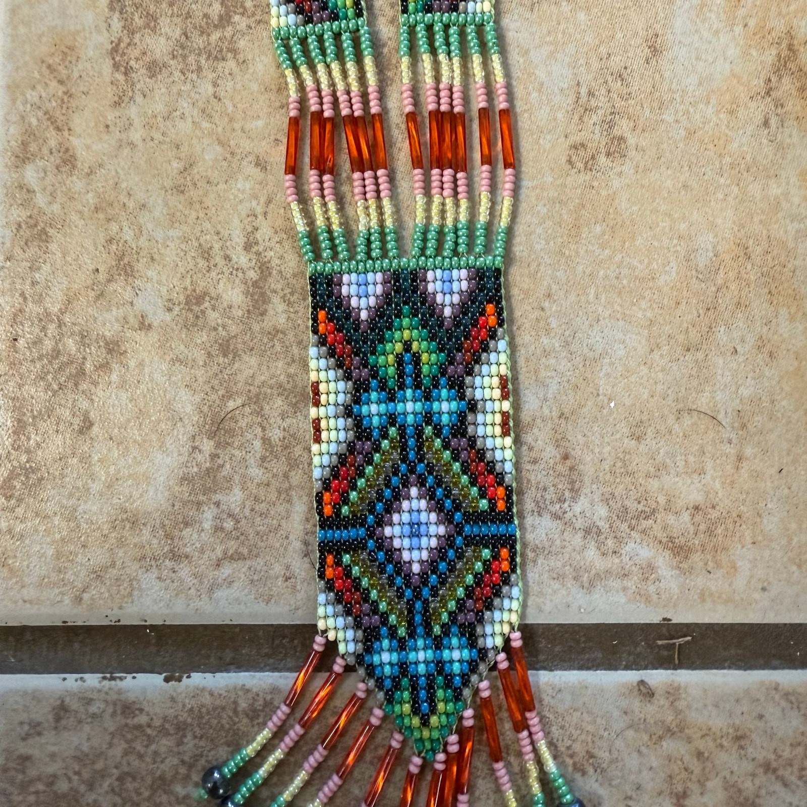 Native American Seed Beaded Necklace Handmade Multicolor Fringe Boho Unisex