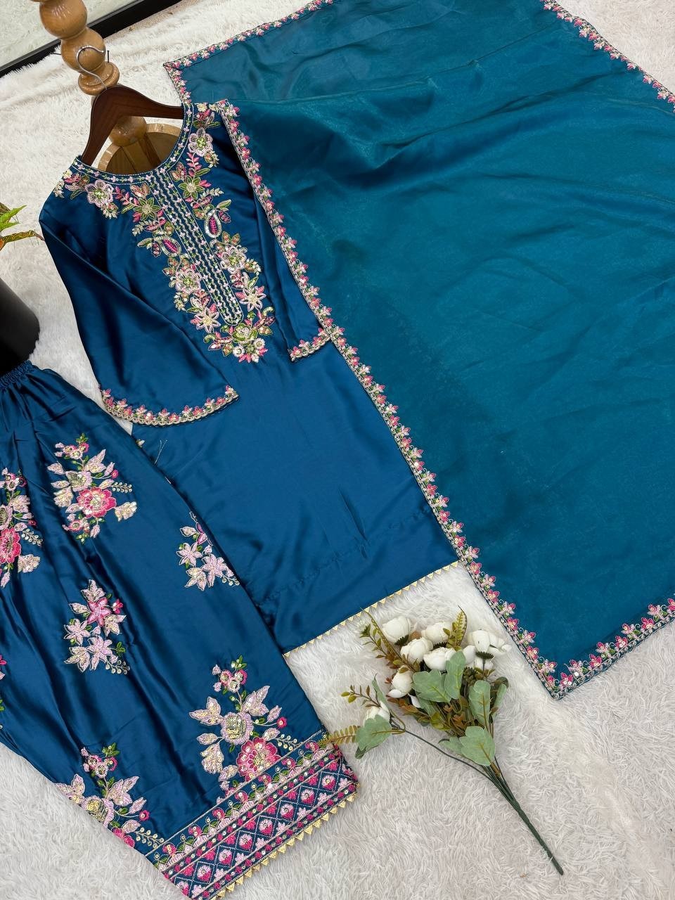 Stunning Look French Crepe Teal Blue Top Bottom With Dupatta For Function Wear