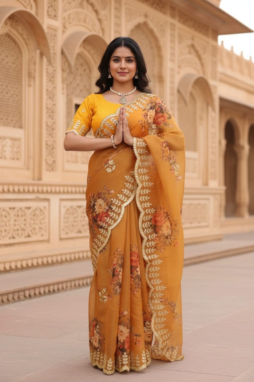 Mustard Yellow Color Digital Printed Cut Work Embroidery Border Party Wear Saree