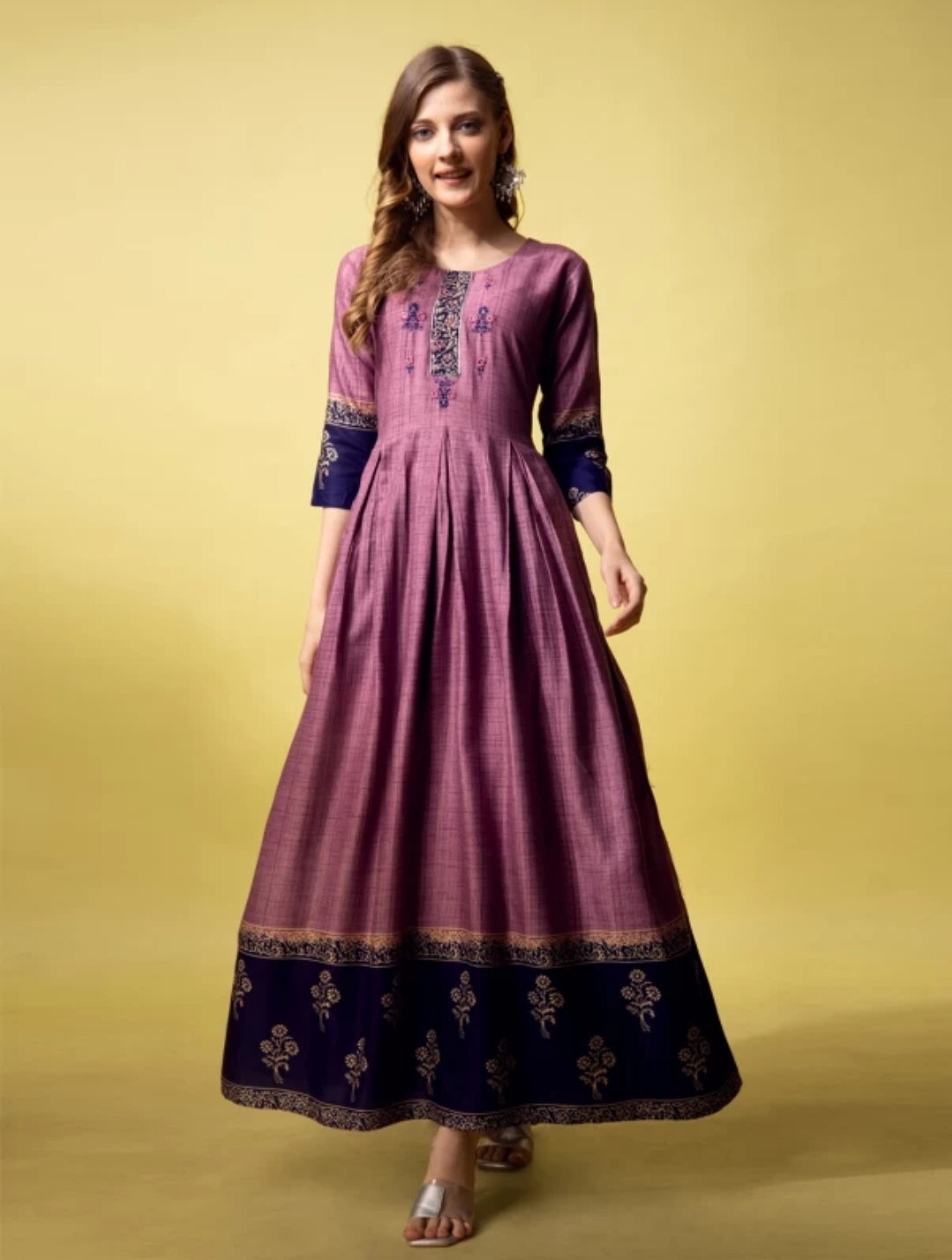 indian ethnic dress for women; Purple Printed Cotton Patch work Anarkali Kurta