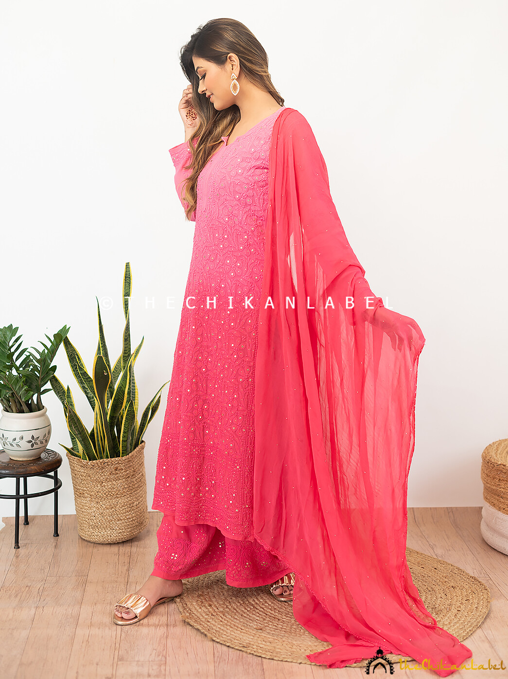 Candy Pink Sitara Viscose Hand Embroidry Chikankari Kurta Set Lucknow Chikankari