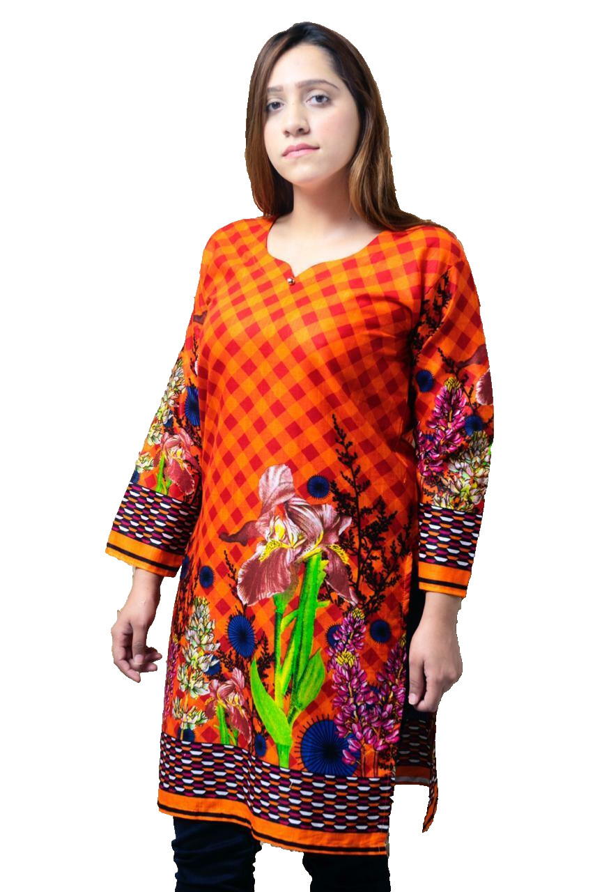 Pakistani Indian Kameez Stitched Size XL Kurti/Top/Tunic/Shirt Orange (1Pice)