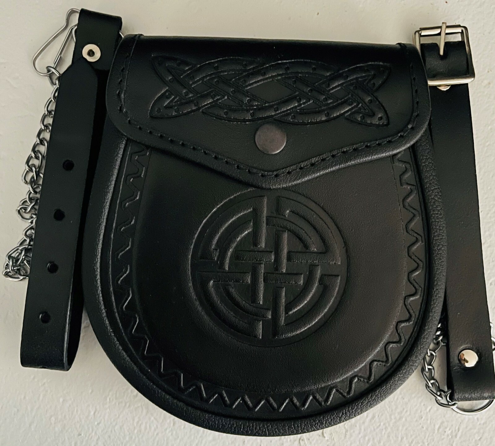 Scottish Sporran Kilt bag Chain Belt Embossed Top Quality Leather Black