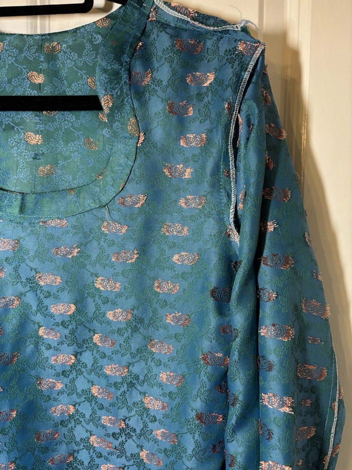 Silk Teal Salwar Kameez Set with Dupatta, Floral Pattern, Long Sleeve