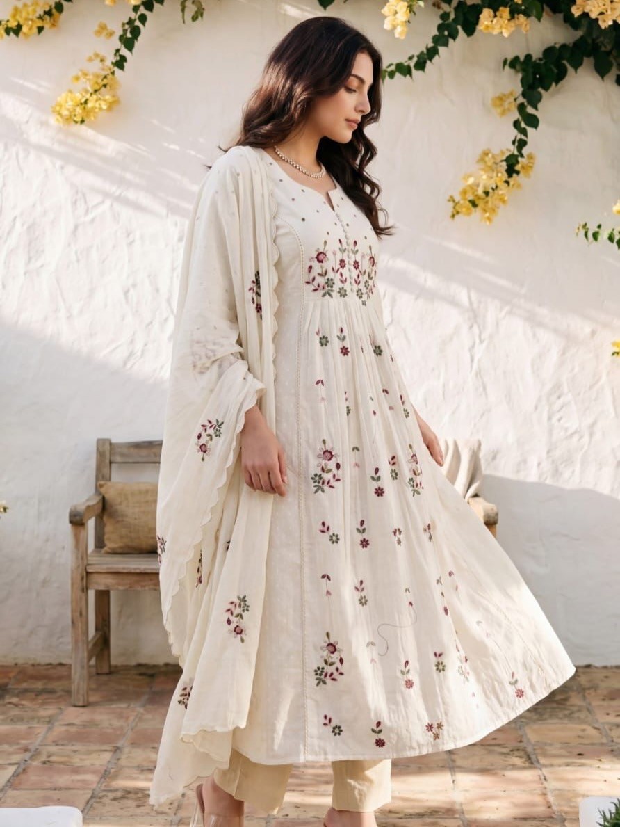 Women’s Cotton Embroidered Anarkali Kurta Pant Dupatta Set White Pink Ethnic Sui
