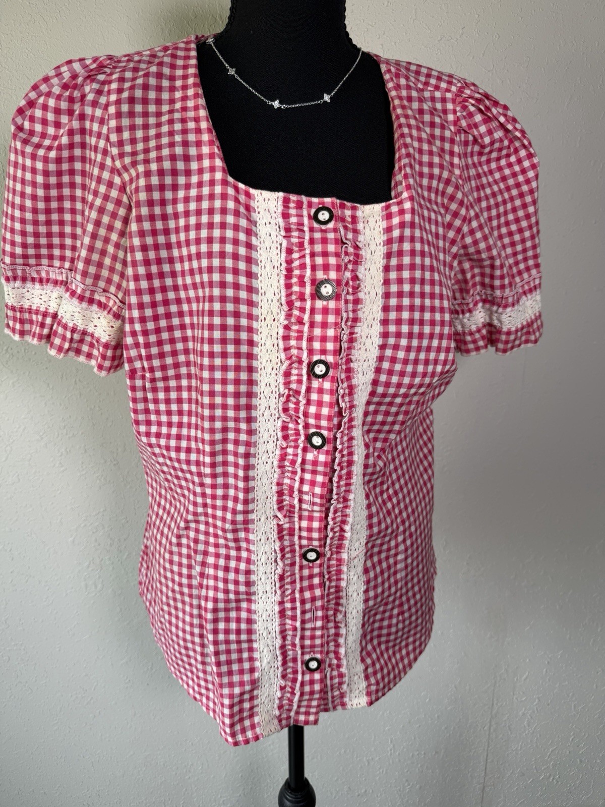 Red Gingham Traditional German Women’s Dirndl Blouse Lace Button Front Size L