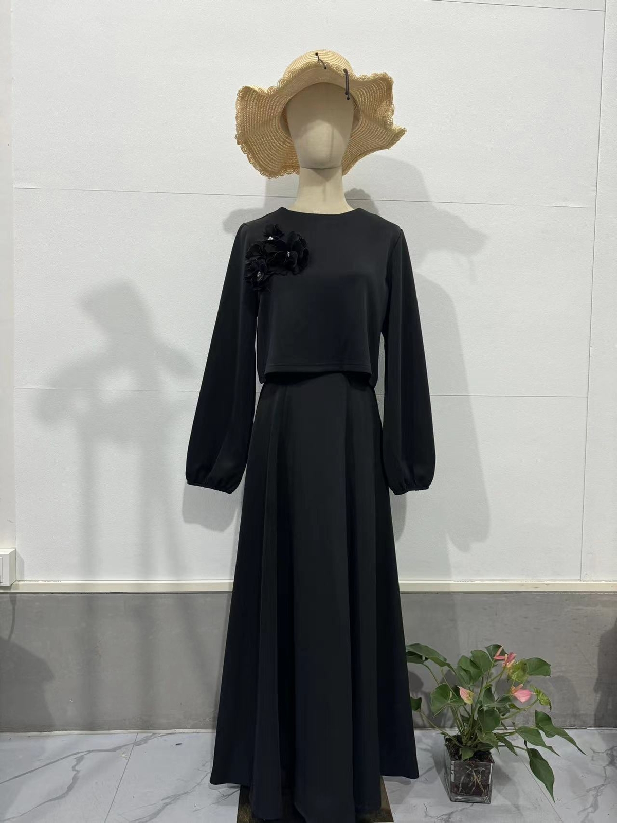 Muslim Islamic Women 2Pcs Abaya Sets Floral Tops Skirts Dubai Party Gown Dress