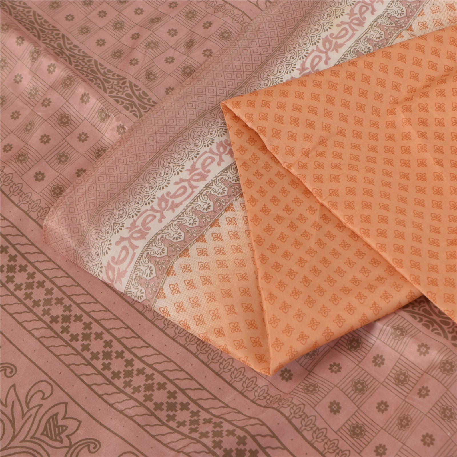 Sanskriti Vintage Peach Sari Art Silk Printed Sarees 5 Yard Paisley Craft Fabric