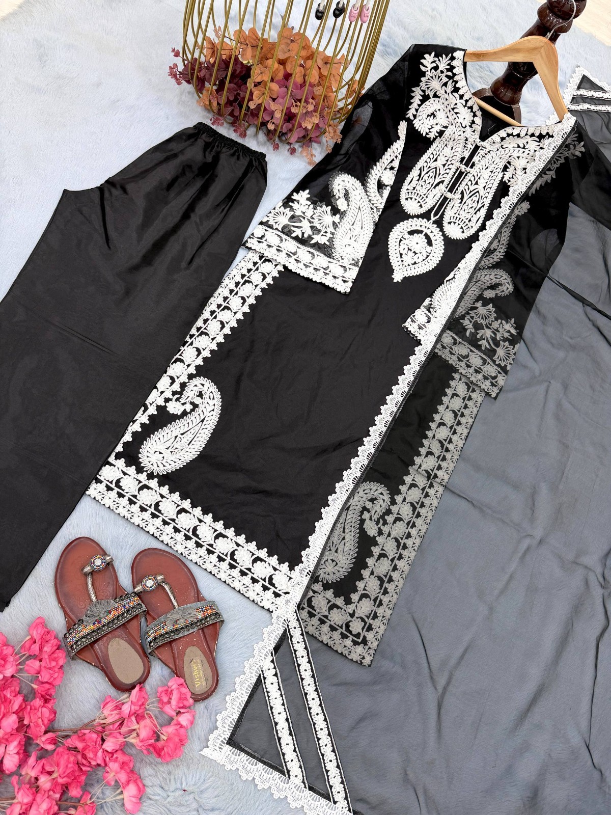 Latest Soft Nylon Organza Silk Black Top Palazzo With Dupatta For Ethnic Wear