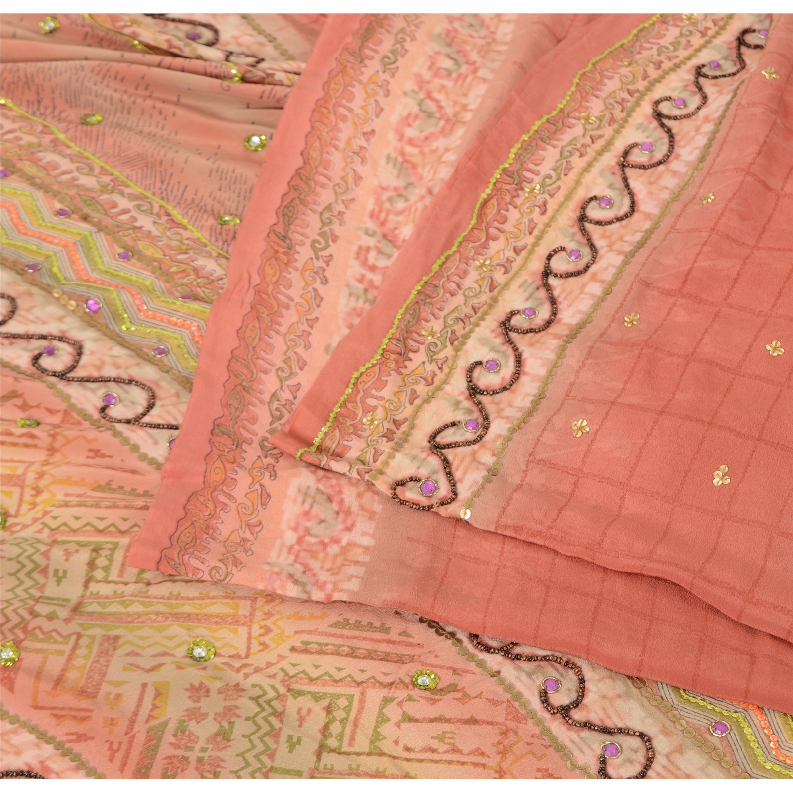 Sanskriti Vintage Peach Sarees Pure Crepe Silk Hand Beaded Fabric Premium Sari