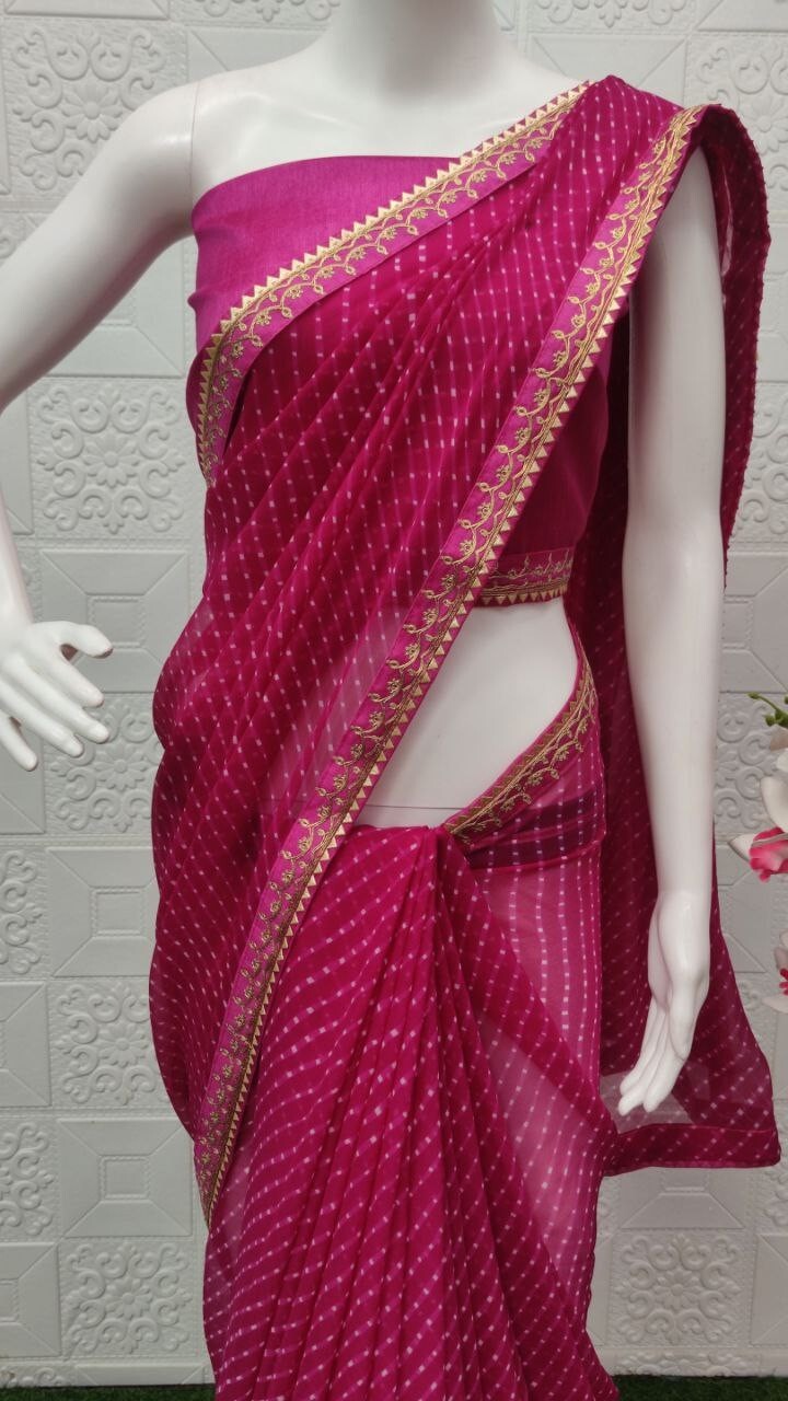 Indian Georgette Print Mothda Sequwance Cording Lace With Banglori Blouse