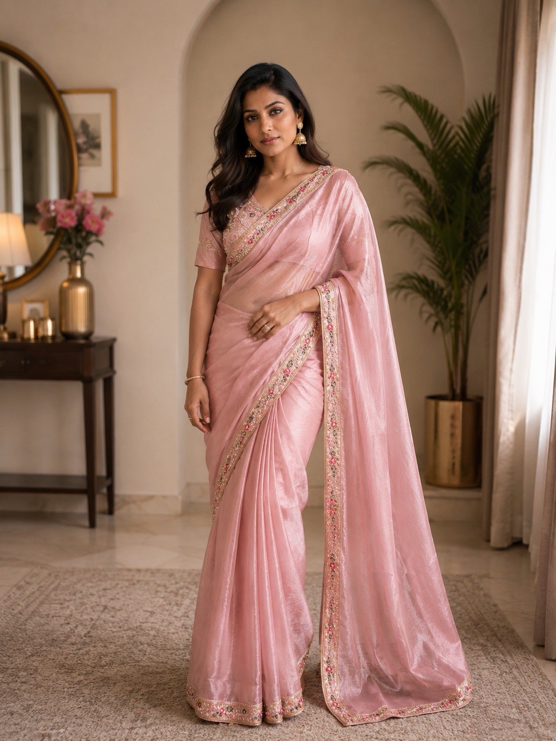Embroidered Saree Set Indian Partywear Elegant Beeds blouse Size-36”& Petticoat.