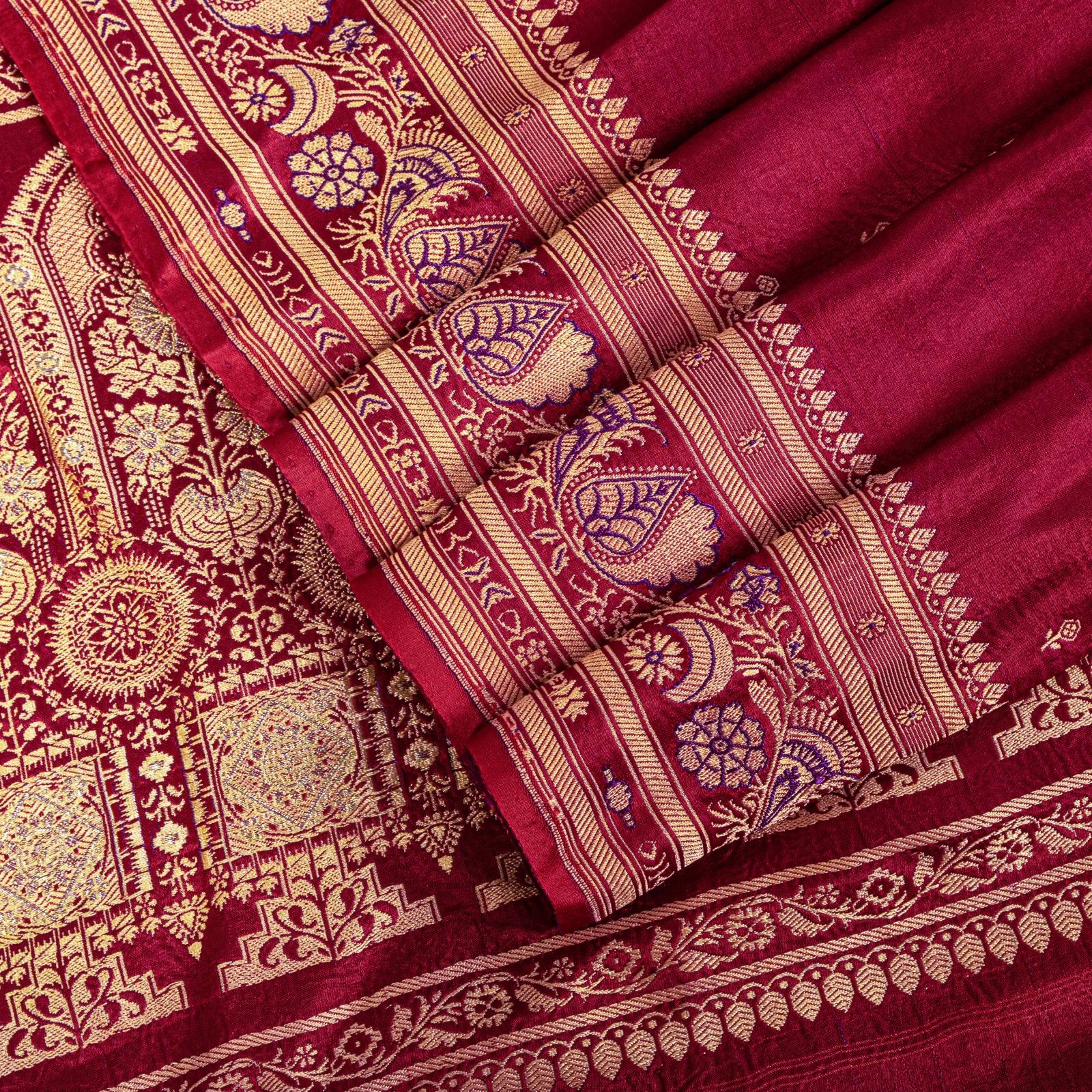 Sanskriti Vintage Red Pure Satin Saree Banarasi Brocade Zari Hand-Woven 5+Yd