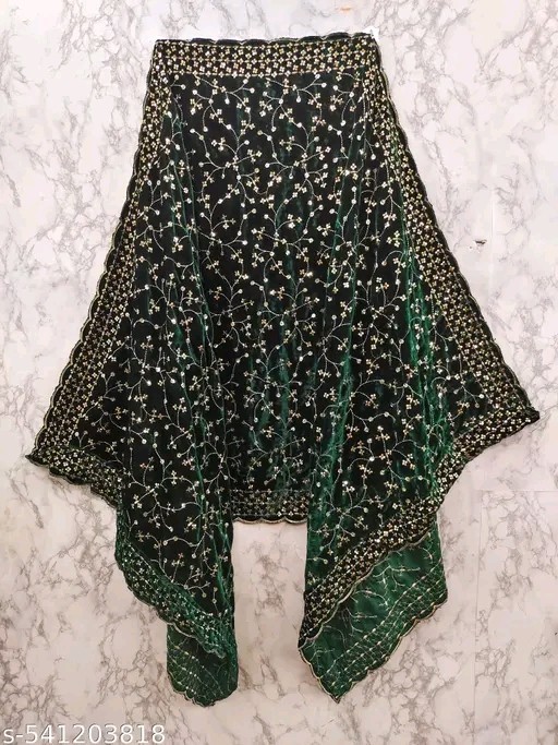 Green Embroidery Velvet Dupatta For Bride And Women Velvet Shawl Odhani Veil