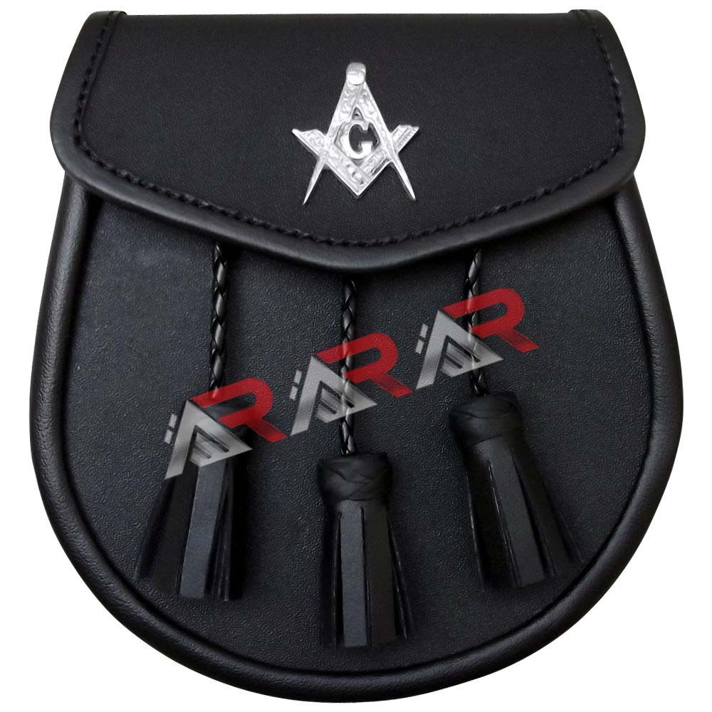 B New Leather Sporran with Masonic Badge on Front 3 Tassels & Chain Straps