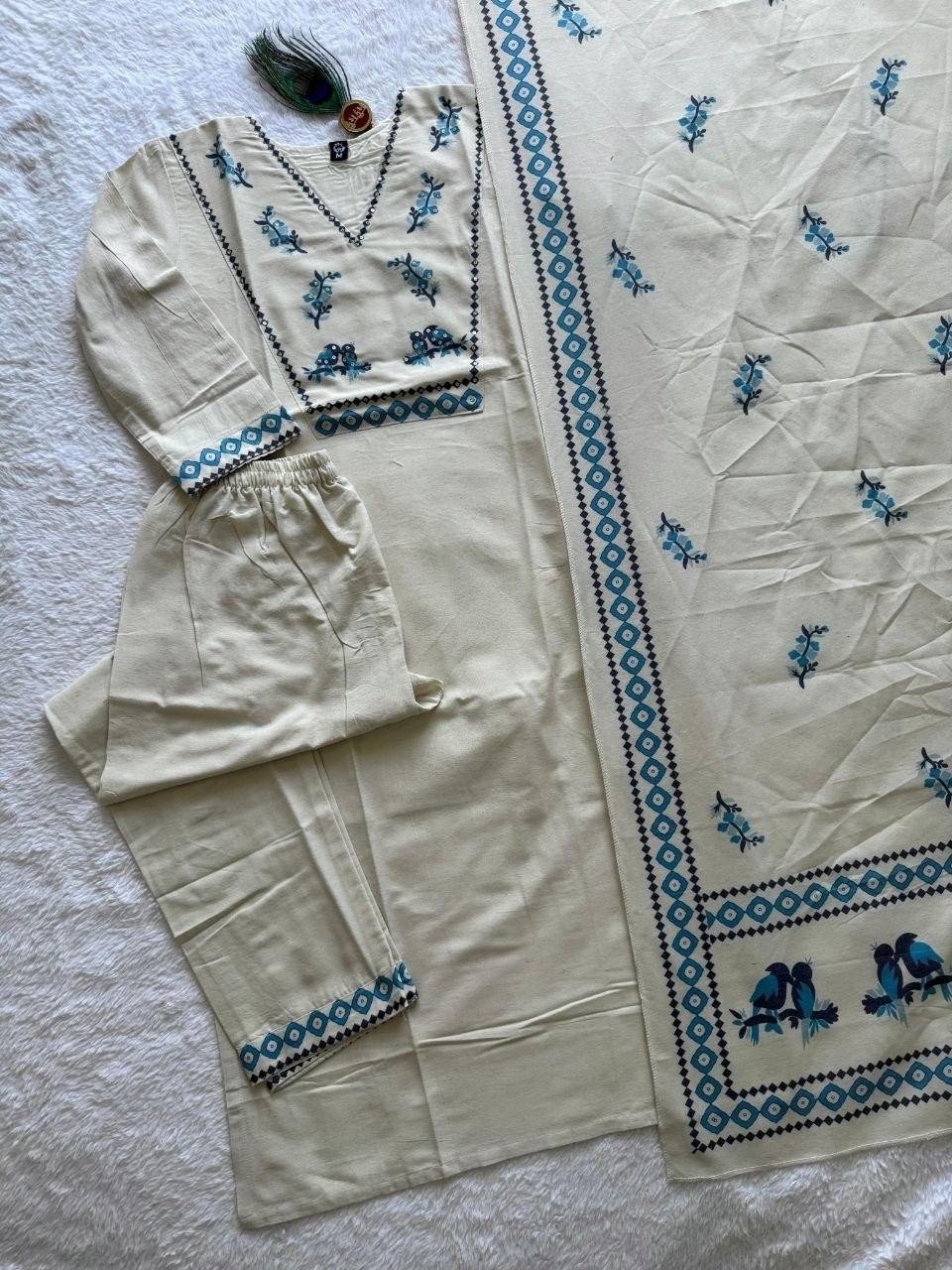 Women Ethnic Khadi Cotton Kurti Pant Dupatta Set Digital Print Sequin Work
