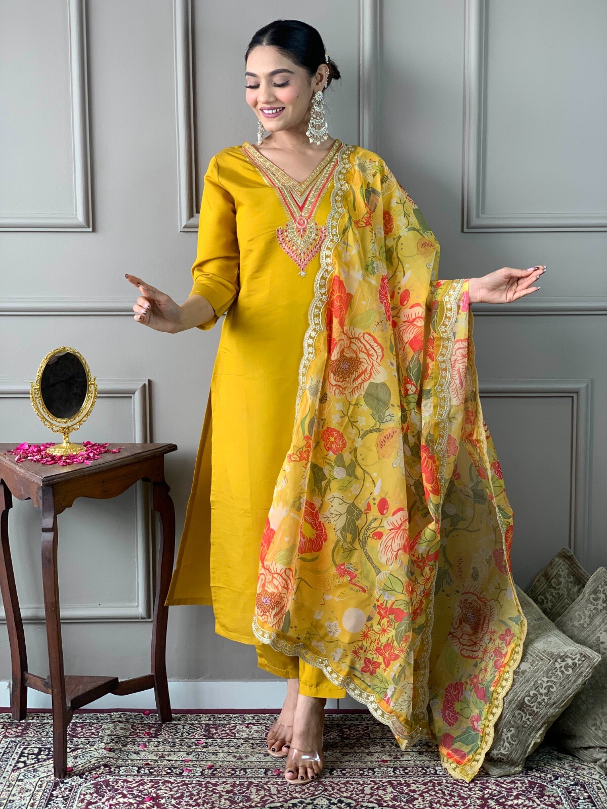 Women Bollywood Chanderi Kurti Indian Designer Top Tunic Kurta Pant Dupatta Set