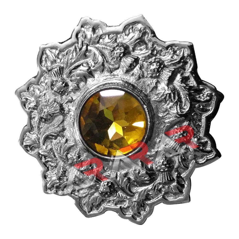 Scottish Thistle Fly Plaid Brooch Yellow Stone 4″/Ornate Kilt Fly Plaid Brooches