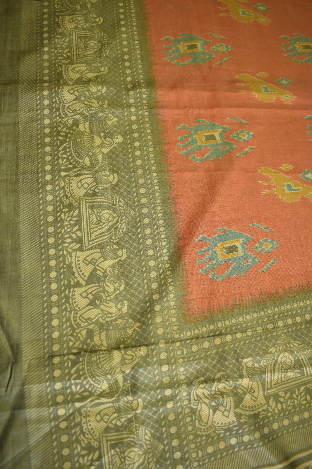 FNC Vintage Saree Indian Orange Hand Woven Ikat Blend Silk Sari Craft Fabric 5Yd