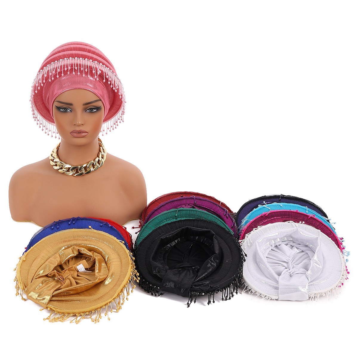 Women Nigerian African Turban Multi-Layer Bonnet Cap Headwear Headtie Tassel Hat