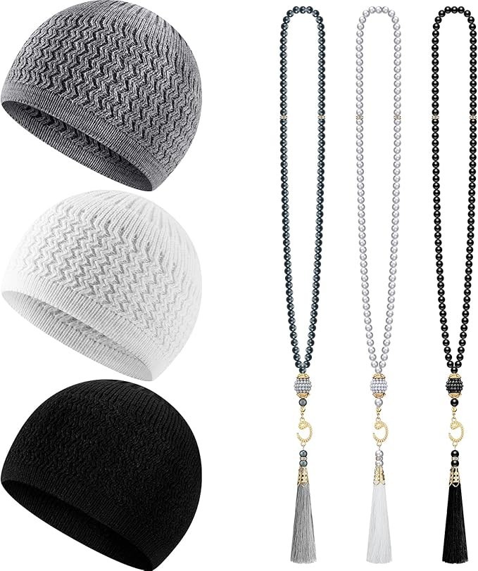 6 Pieces Kufi Hats for Men Muslim and Muslim Prayer Beads Set 3 Handicraft Kn…