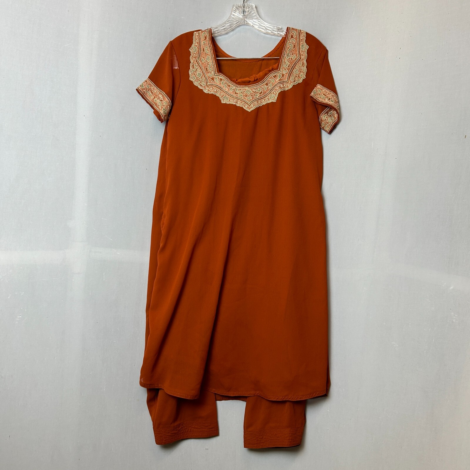 Indian Kurta Womens Small Orange Top Pants Beautiful Floral Embroidery