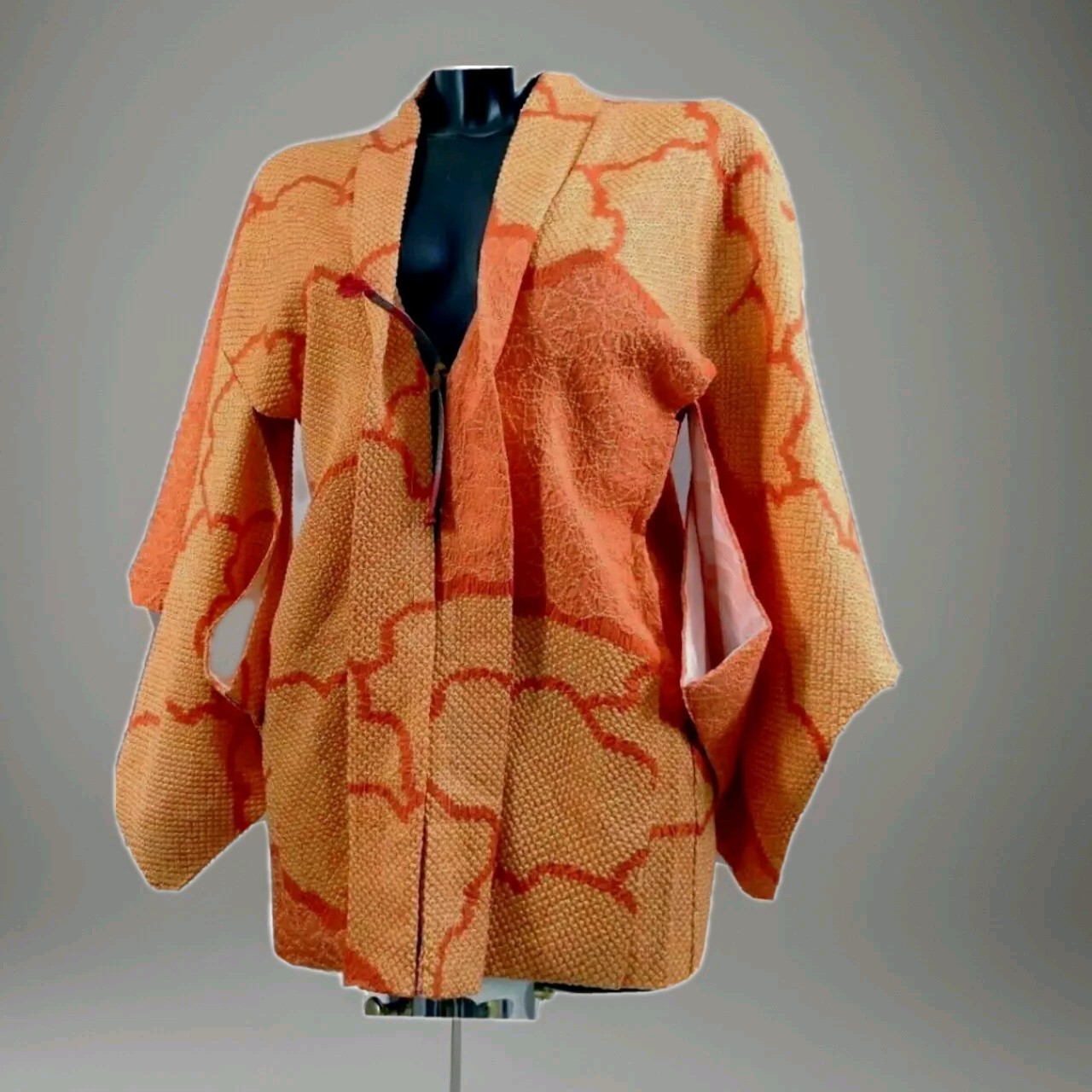 Vintage Original Japanese KIMONOJacket Pure Silk Embossed Orange/Pale Orange S-M