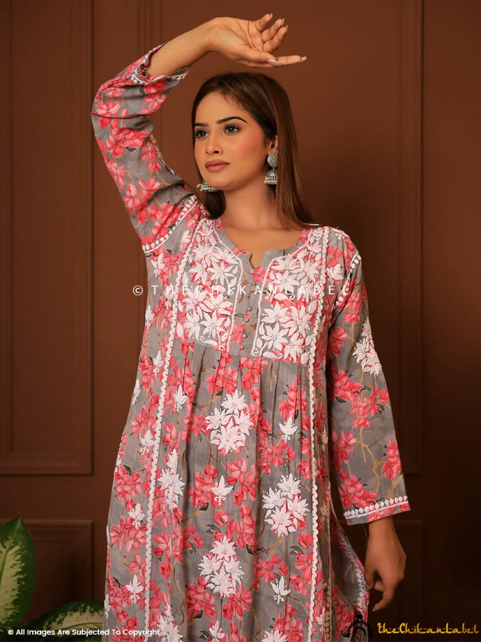 Red Modal Chikankari Straight Kurta Set Lucknow Chikankari Handcrafted Set