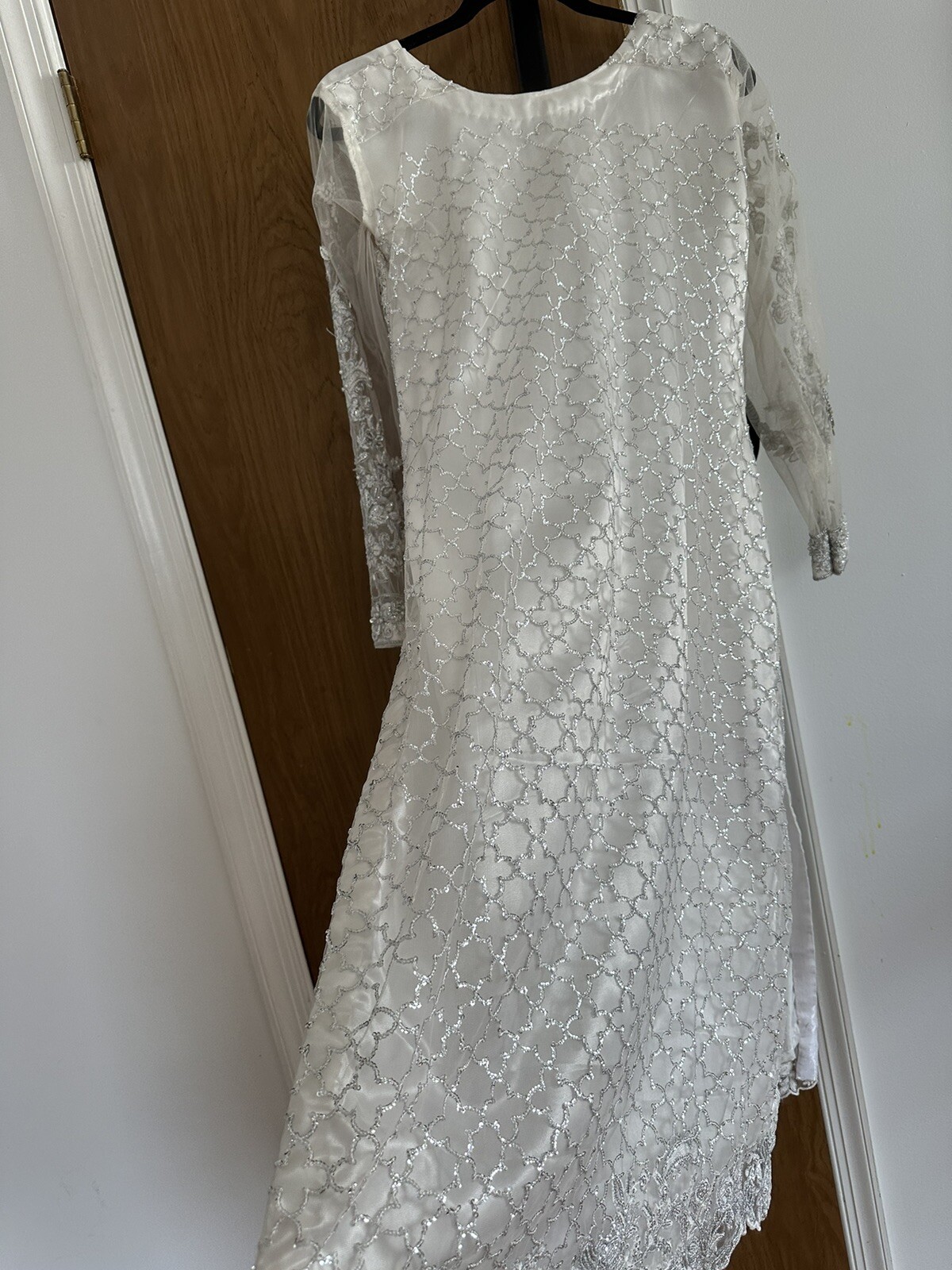 White Blush Pearl Sequence Pakistani Indian Bangladeshi Party Dress Size S