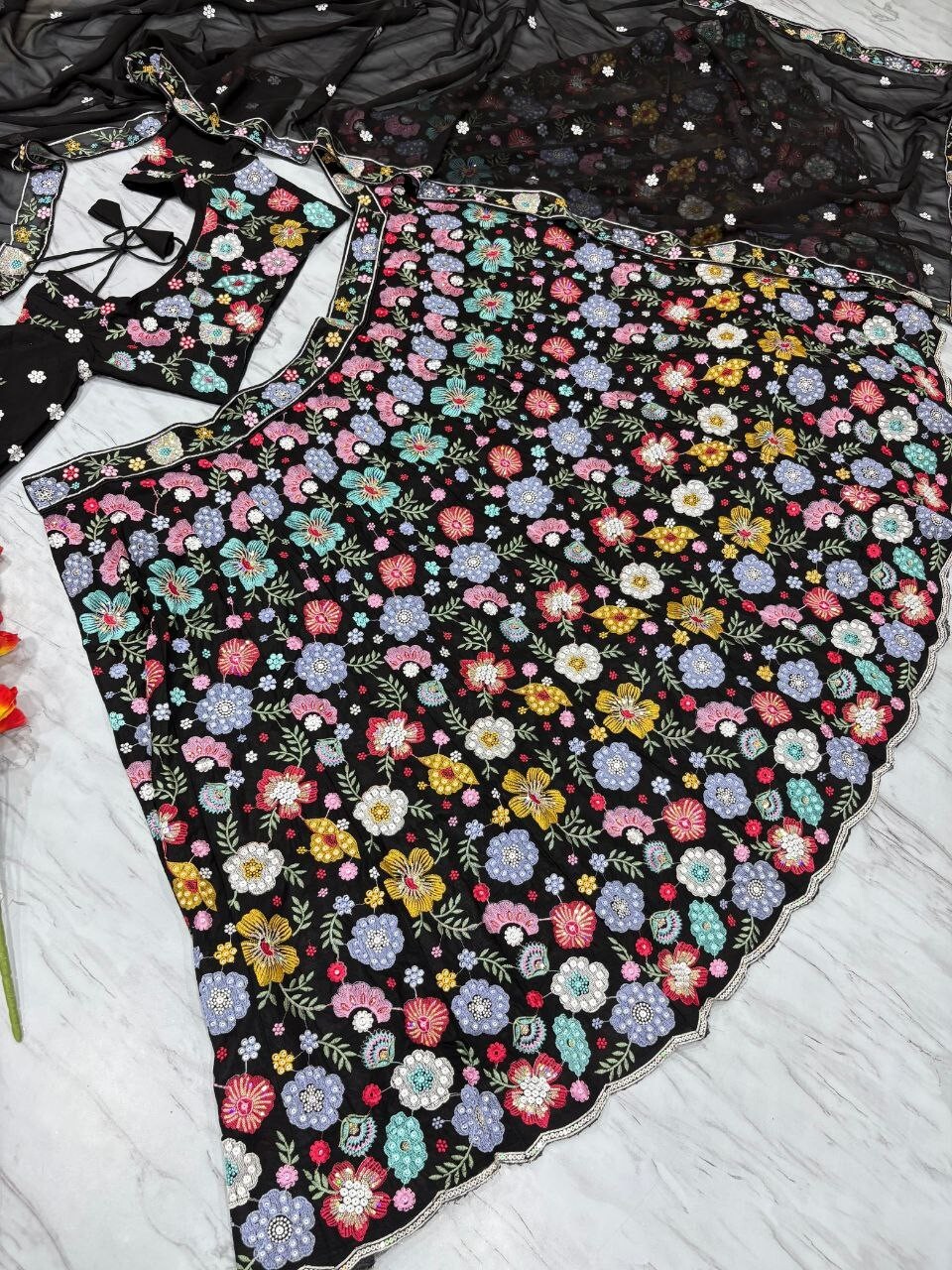 Black Georgette Embrodaried Flower lahenga choli