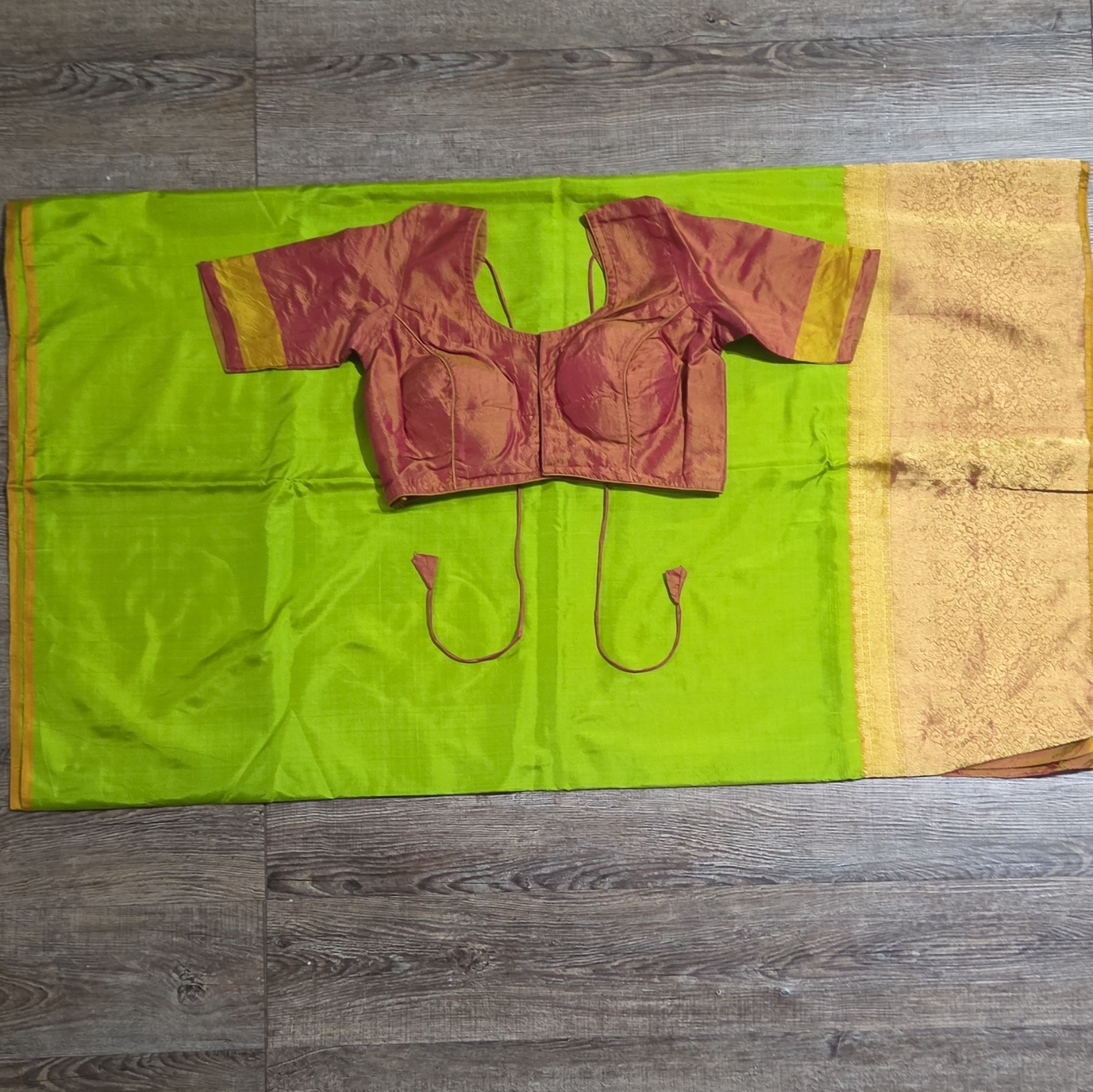 Lime Green Raw Silk Sari with Stitched Bronze Blouse (Size 38)