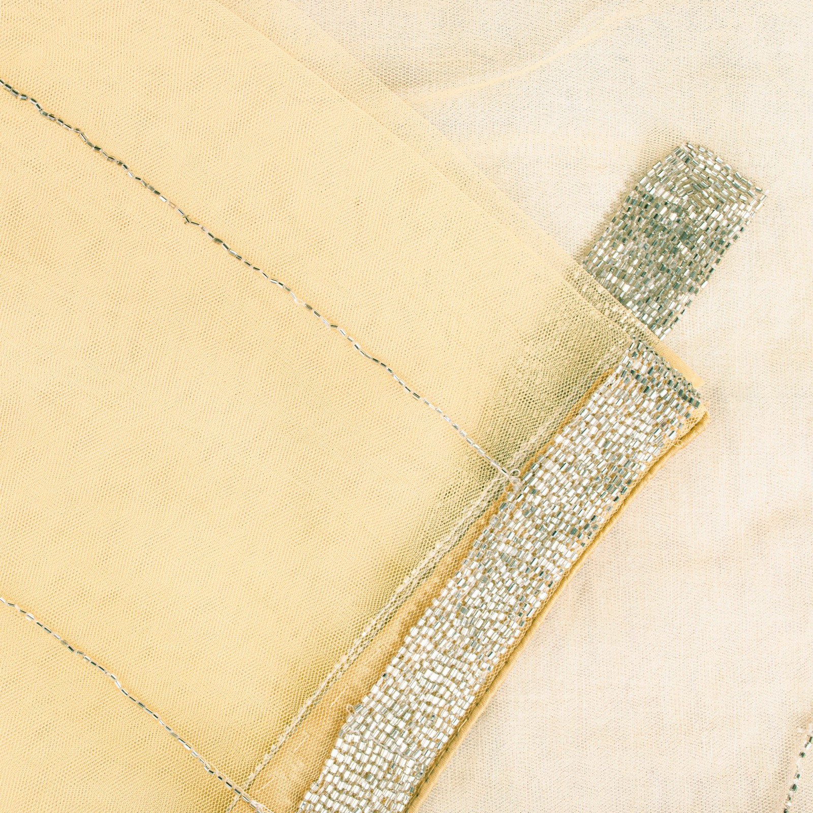 Sanskriti Vintage Yellow Net Mesh Saree Hand Glass Bead 6+Yd Fabric Wedding Sari