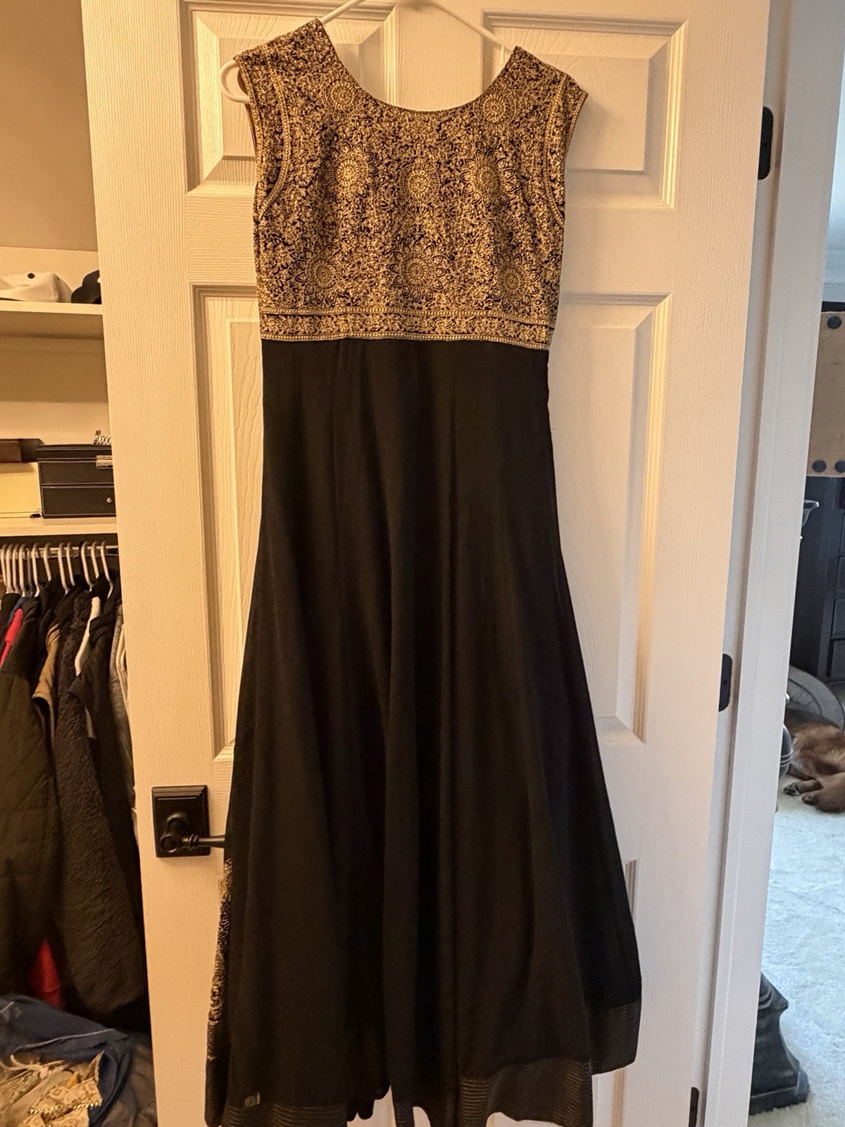 Black & Gold Embroidered Anarkali 3Pc Suit Set Dress Dupatta Pants Indian Formal
