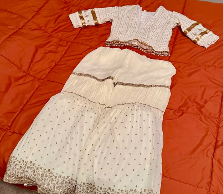 Lehenga Choli & Pants Set (Color: White/Gold & Size: 44/XL)