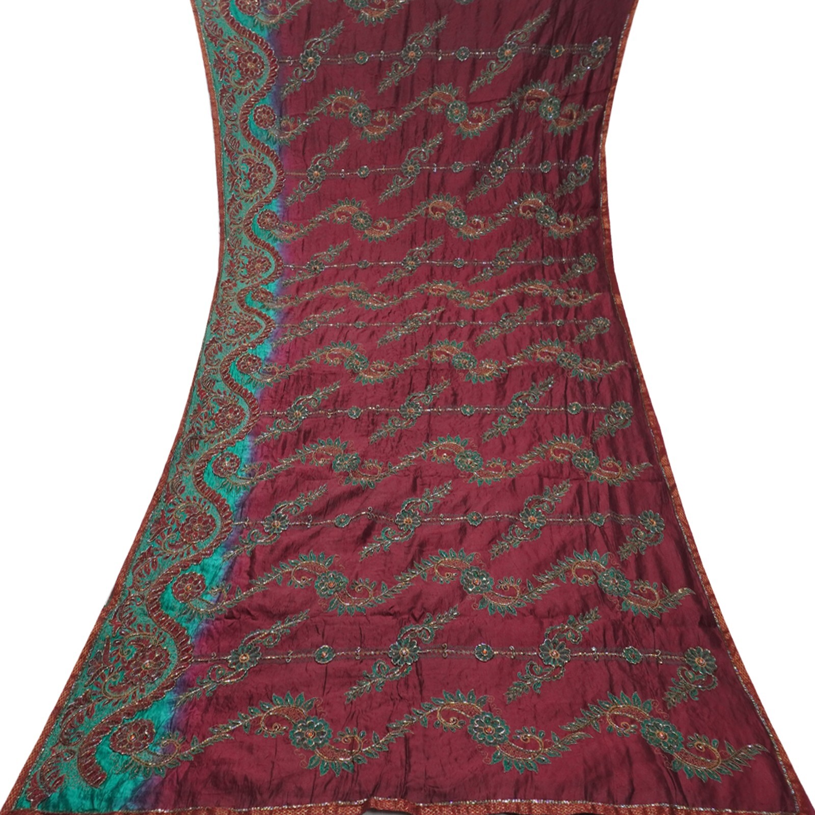 Vintage Maroon Saree 100% Pure Silk Hand Embroidered Heavy Sari 4YD Craft Fabric