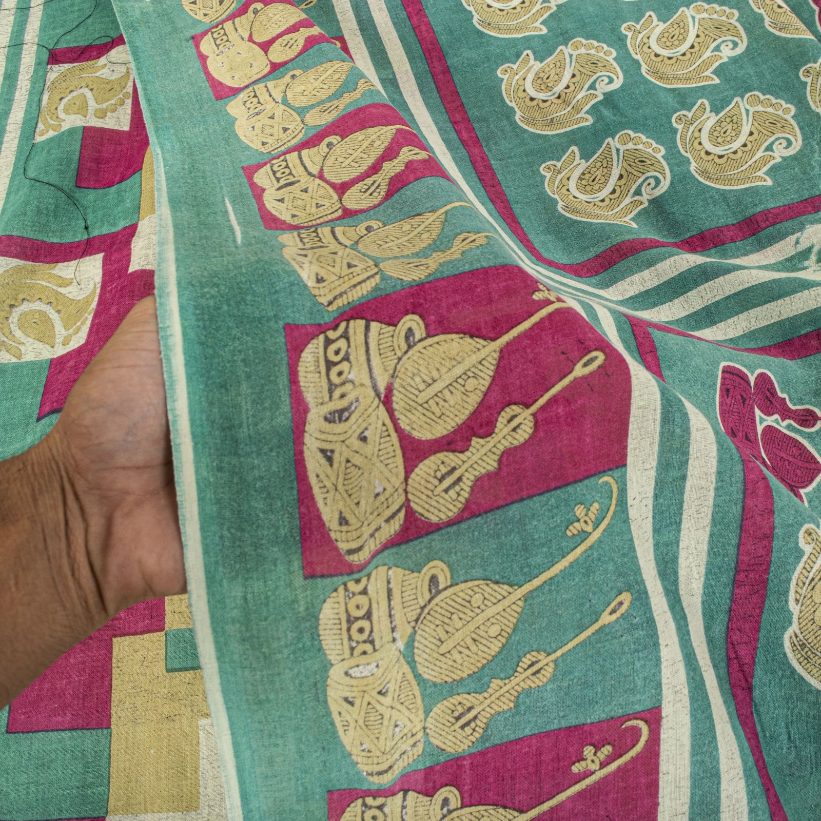 Sanskriti Vintage Saree Green Pure Cotton Paisley Print Craft Fabric 5+Yard Sari