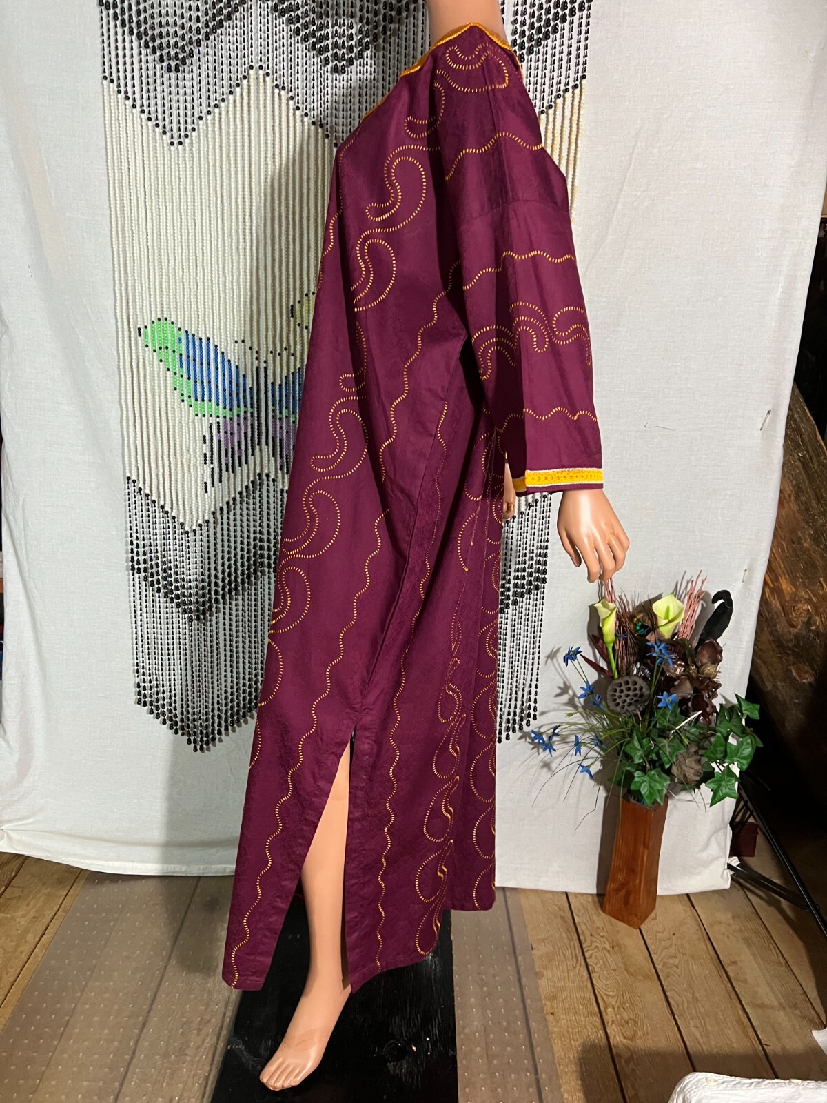 Unisex Men Women Kaftan Long Robe Gnana Africa Burgundy Embroidery Free Chest 56