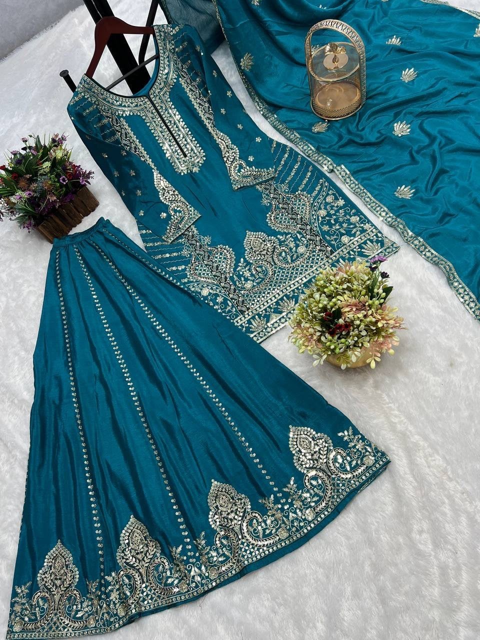Peacock Blue Embroidered Pakistani Suit Women 3 Piece Party Wear Dress