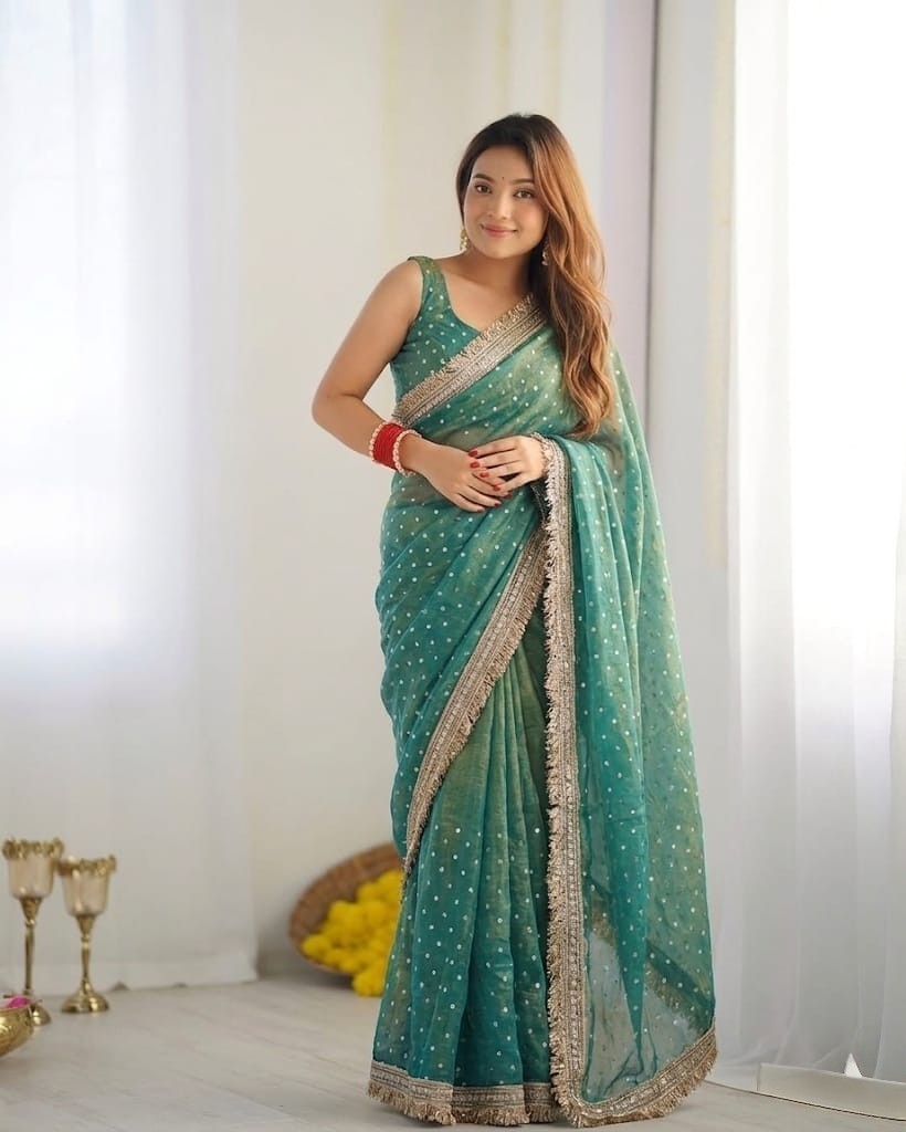 Shimmer Organza Silk Saree Heavy Golden Fringe Border Party Wear Sari Women Silk