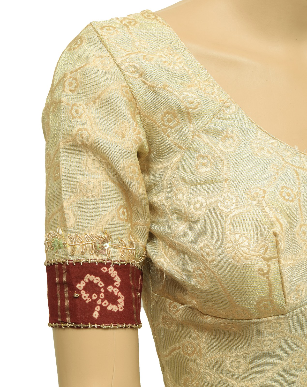 Size 32 Vintage Floral Readymade Stitched Sari Blouse Tissue Woven Designer Top