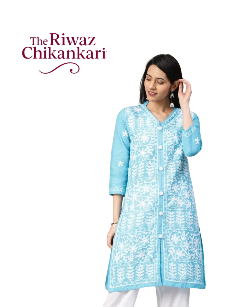 Blue Chikankari Kurti: Hand Embroidered Wool Thread Cotton Tunic