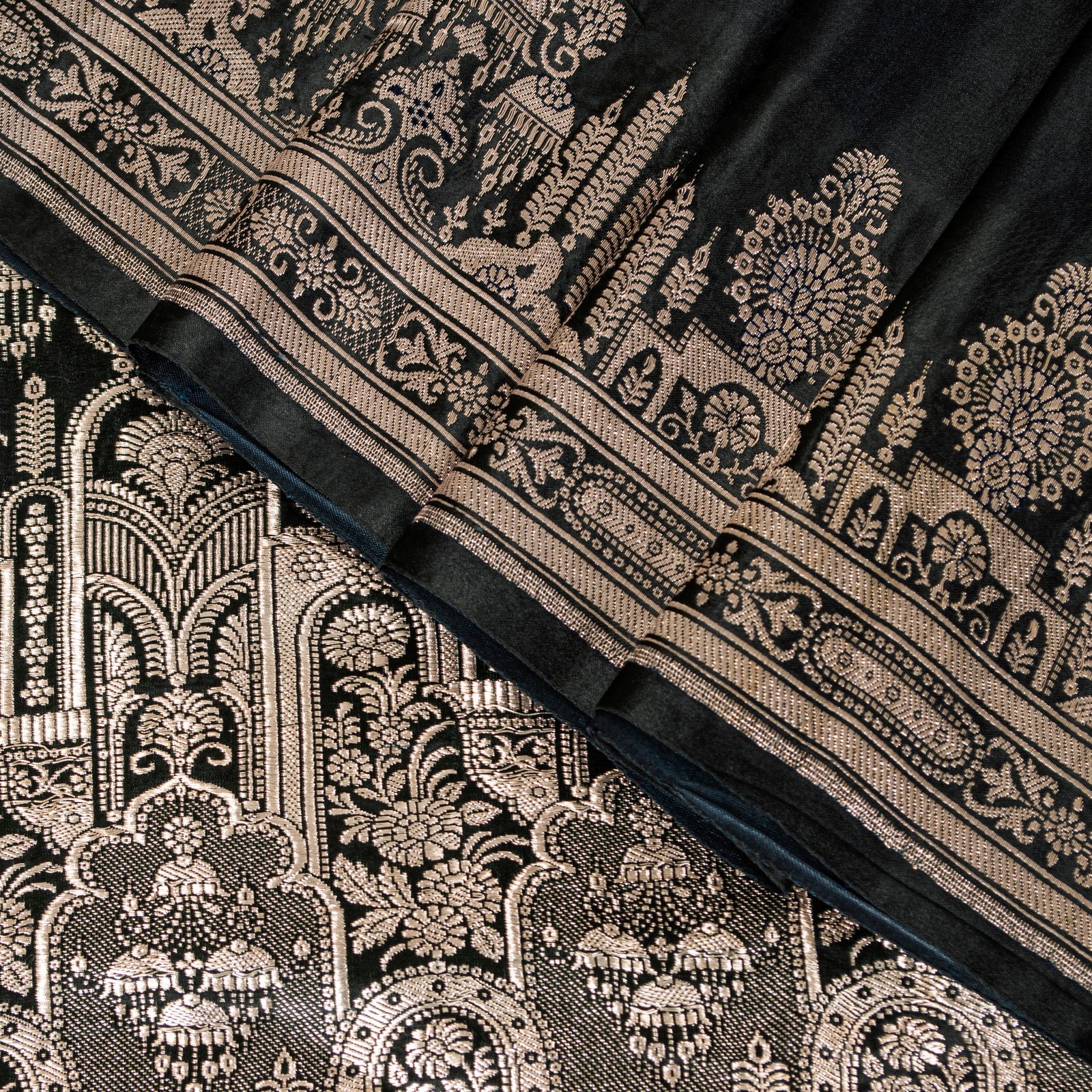 Sanskriti Vintage Black Pure Satin Sarees Banarasi Brocade Zari Hand-Woven 6+Yd