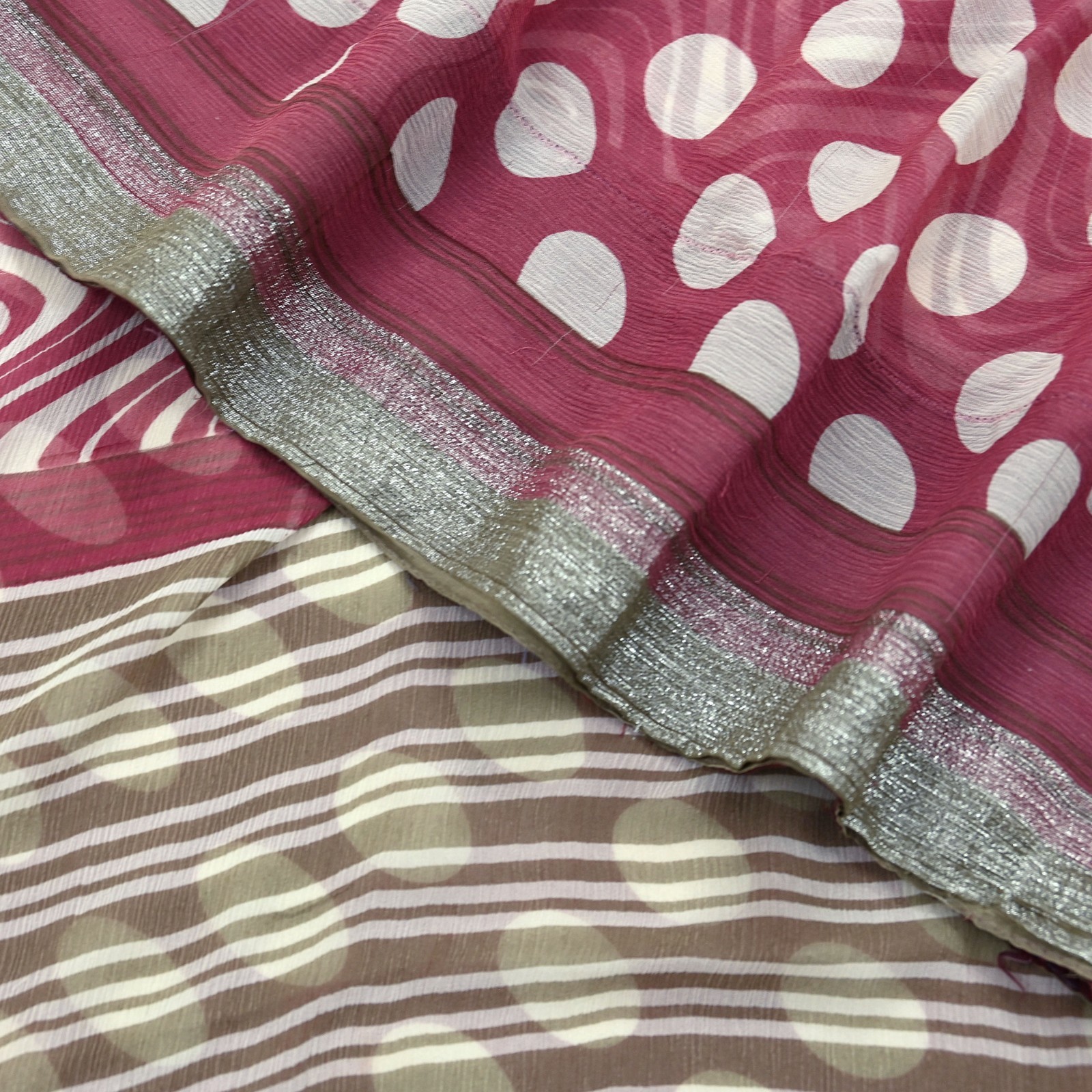 Vintage Pure Chiffon Silk Saree Printed Abstract 5 Yards Fabric DressMaking Zari