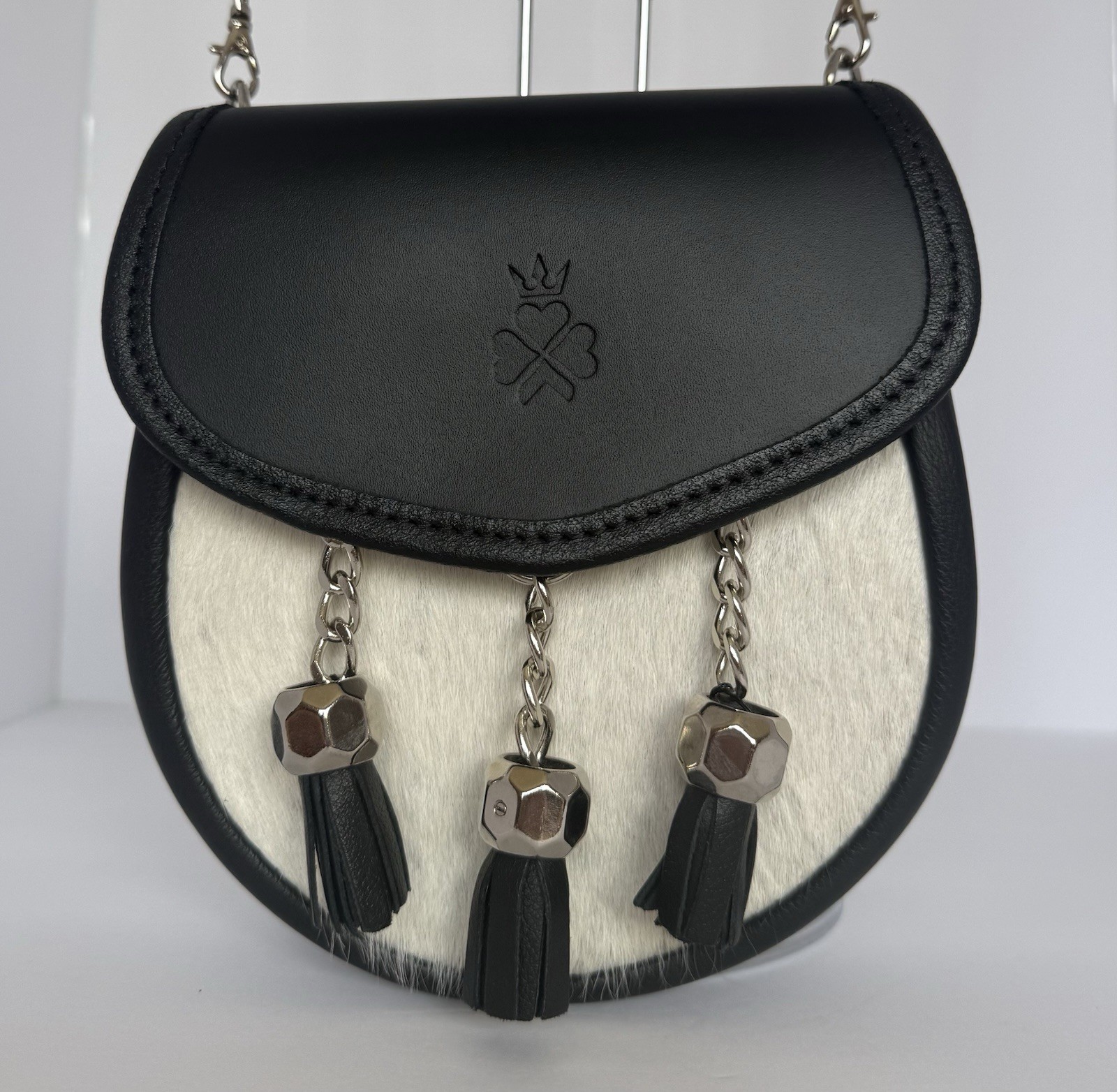 NIXEY Black & Cream Leather Sporran Chain & Tassels Crossbody Waist Shoulder