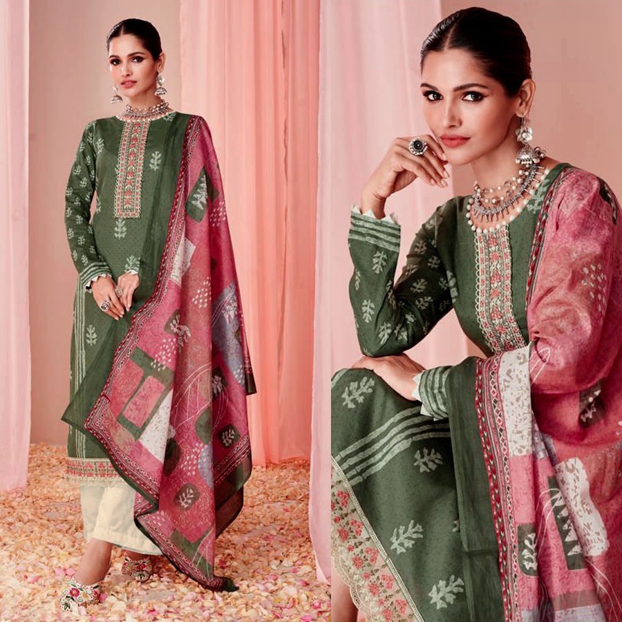 DRK GREEN BATIK PRINTED COTTON INDIAN PAKISTANI READYMADE SALWAR KAMEEZ SUIT SNJ