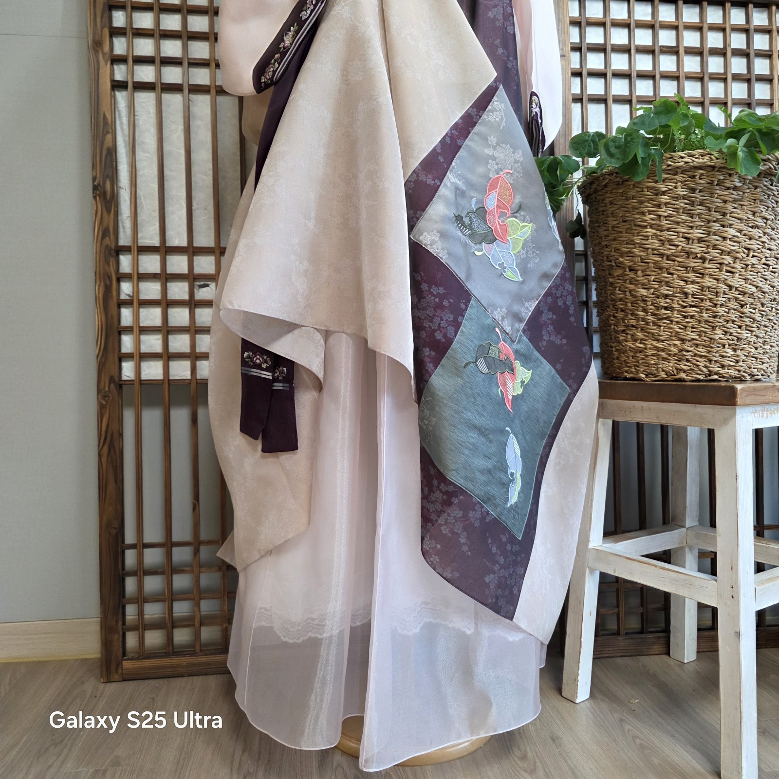 Korean Women Hanbok Set Blush Pink Jeogori Deep Plum Chima Embroidery Full Set