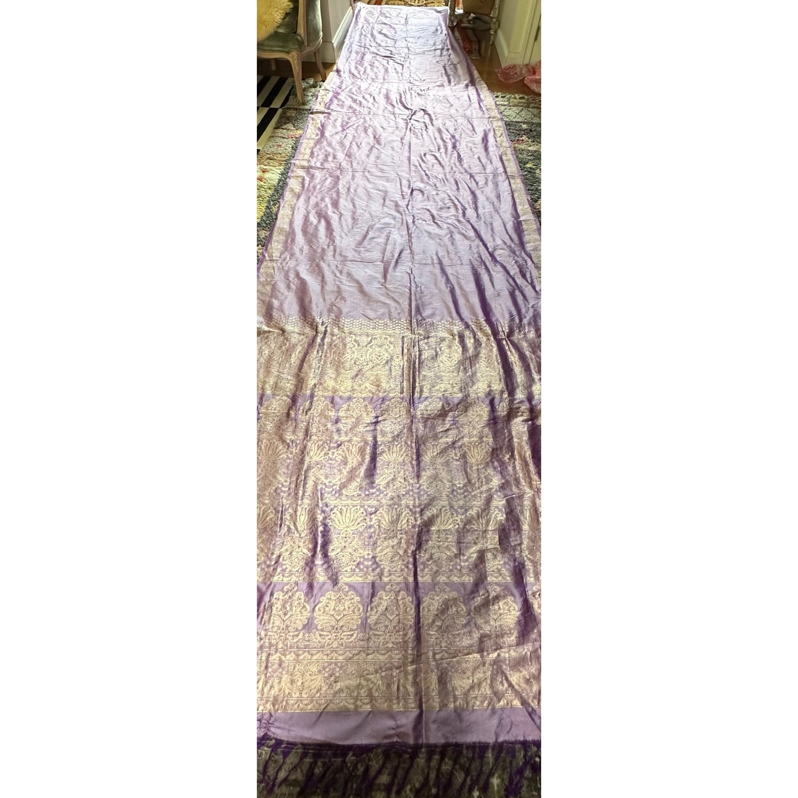 Silk saree lavender gold Paisley brocade 204×46” sari stunning luxurious
