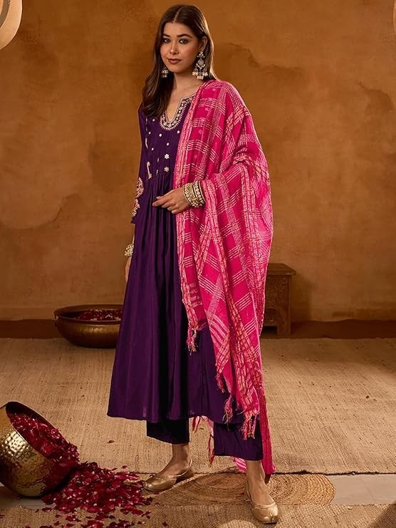 Women Purple Plus Size Embroidered Indian Rayon Kurta Top & Trouser With Dupatta